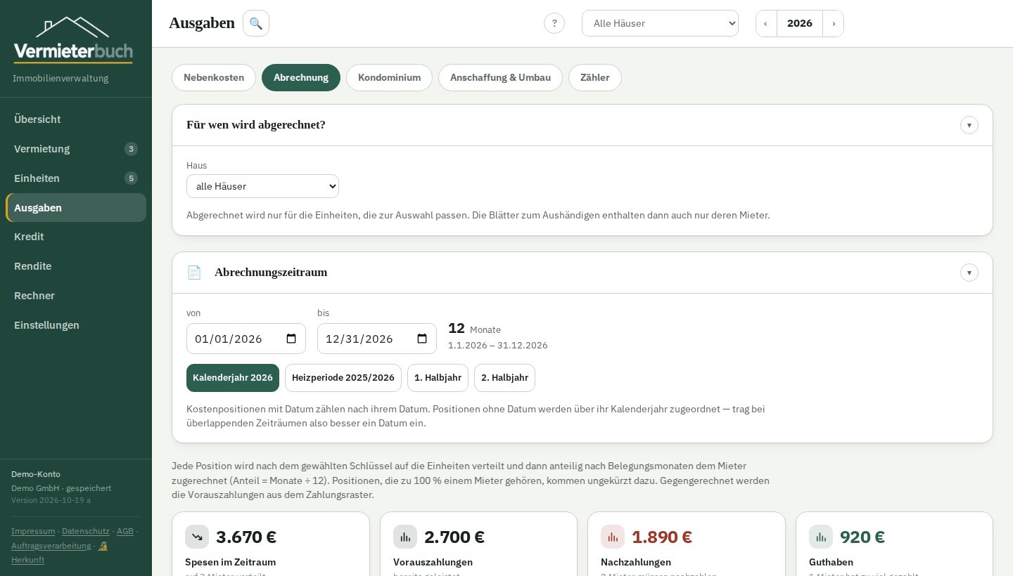 Die Abrechnungsansicht mit Zeitraum, Nachzahlungen und Guthaben je Mieter