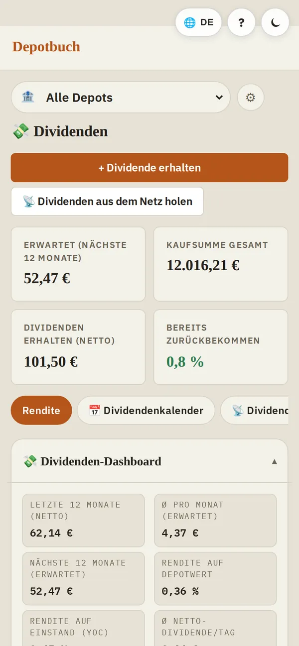 depotbuch am Handy: Dividenden mit Prognose je Monat